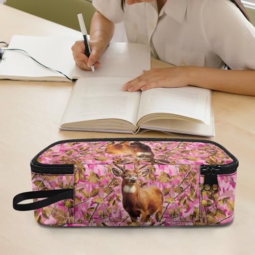 Image of Deer Pencil Pouch for Girls Pink Forest Camo Pencil Bag for Kids Portable Large Pen Container with Mesh Pockets for School Students