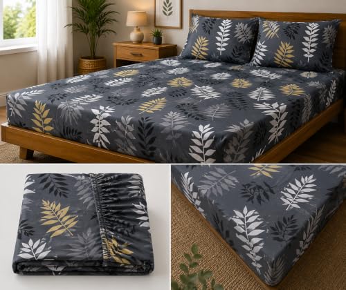 Image of Fitted Bedsheet Grey Leafy Print Glace Cotton 210 TC | Full Single Size for Single Bed Fits 4 x 6.25 ft Mattress (48 x 75 Inch) | All Around Elastic | 2 Pillow Covers | 7 Inch Deep Pocket