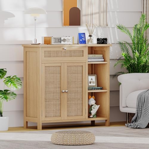 Irontar CWG001M Bathroom Cabinet With Rattan Doors, Bathroom Floor Cabinet With Open Storage & Adjustable Shelf, Coffee Bar thumb #4