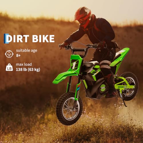 Image of Garvee 24V Kids Electric Off-Road Motorcycle, Ride on 250W Motor 13.6MPH | Fast Speed Dirt Bike, Leather Seat, Twist Grip Throttle, Metal Suspension, Air-Filled Tires for Kids Teens Riding Toy, Green