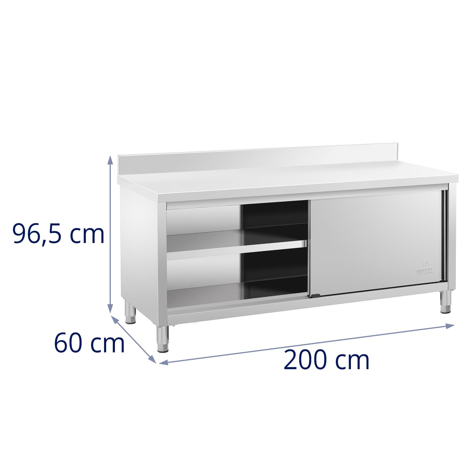 Royal Catering Arbeitstisch Edelstahltisch mit Unterschrank 200 x 60 cm mit Aufkantung bis 500 kg höhenverstellbare Füße Edelstahl-Tisch Arbeitsschrank Edelstahl Gastro-Edelstahlschrank