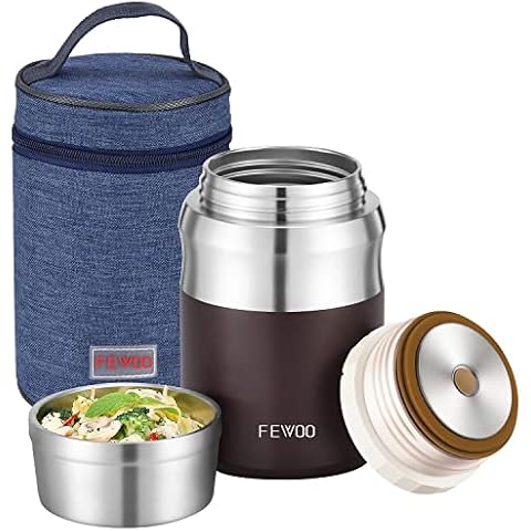 FEWOO Food Jar,720ml Vacuum Insulated Stainless Steel Lunch Box, Leak Proof Soup Containers with bag for Hot or Cold Food (Brown 720ml) Cover