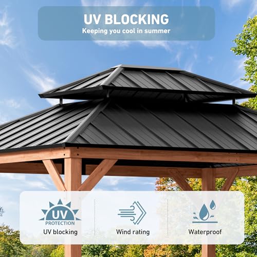 Big Leaf 10'x12' Wood Gazebo with Galvanized Steel Roof - Hardtop Gazebo with Cedar Frame Permanent Hardtop with Mosquito Netting & Curtains for Garden, Backyard and Patio - Image 5