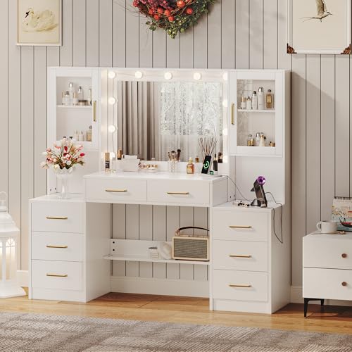 Image of White Makeup Vanity Desk with Mirror and Lights, Makeup Vanity Table with Lighted Mirror, 58.3 inch Dressing Table with Mirror and Lights, Big Vanity with 8 Drawers & Lots Storage Space for All Girls