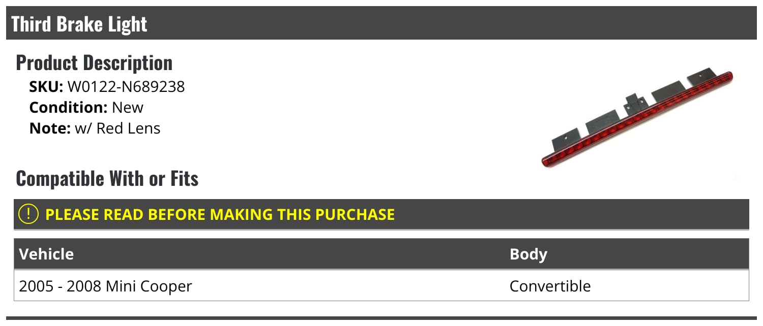 Marketplace Auto Parts Third Brake Light - Compatible with 2005-2008 Mini Cooper Convertible (with Red Lens)