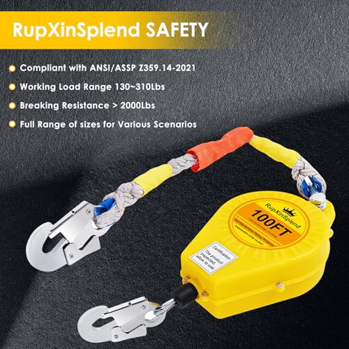 Image of Fall Arrester Protector Self Retractable 100FT Fall Protection Gear Double Locking, Dual PPE+Alloy Steel housing Heavy Duty Lifeline Safety Lanyard Rope Cable Wire Roofing Construction