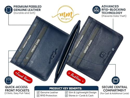 Image of MM Designs Slim and Compact Leather Credit Card Holder for Men and Women | Genuine Leather RFID Blocking Protection | Minimalist Card Wallet with 6 Card Slots (Navy Blue)