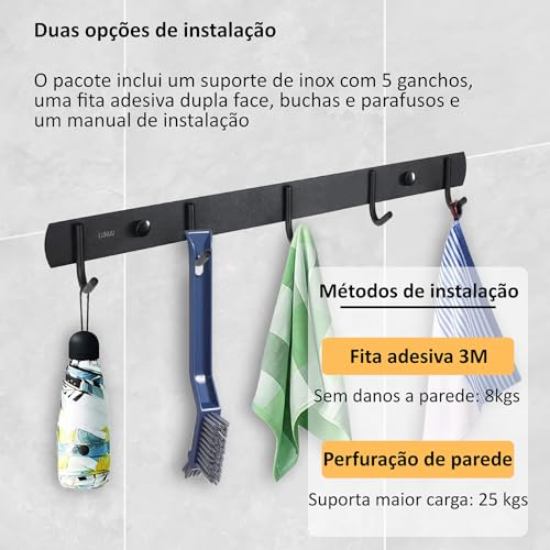 Suporte de Parede de Inox com 5 ganchos para Pendurar Pendurador Organizador de Roupas Toalhas Utens