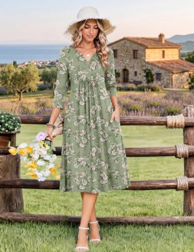 Image of Zeagoo Womens Dresses 3 /4 Sleeve Casual Fall A Line Midi Dress with Pockets