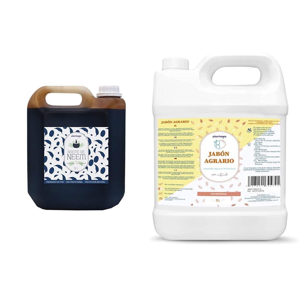 PLANTAWA Aceite de Neem 5L 100% Natural, 100% Concentrado y Puro, para Plantas, Huerto, Agricultura, Jardinería & Jabón Potásico 5L, Actúa por Contacto, Araña Roja, Cochinilla