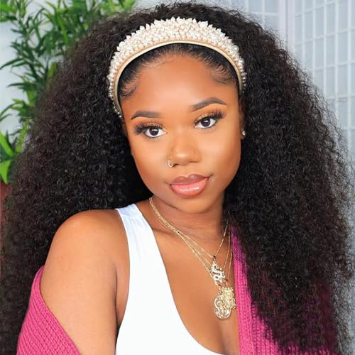 Image of Headband Wig Human Hair Kinky Curly Human Hair Curly Headband Wig 150% Density Wear and Go Glueless None Lace Front Wig Machine Made Wigs for Black Women Natural Color 26Inch