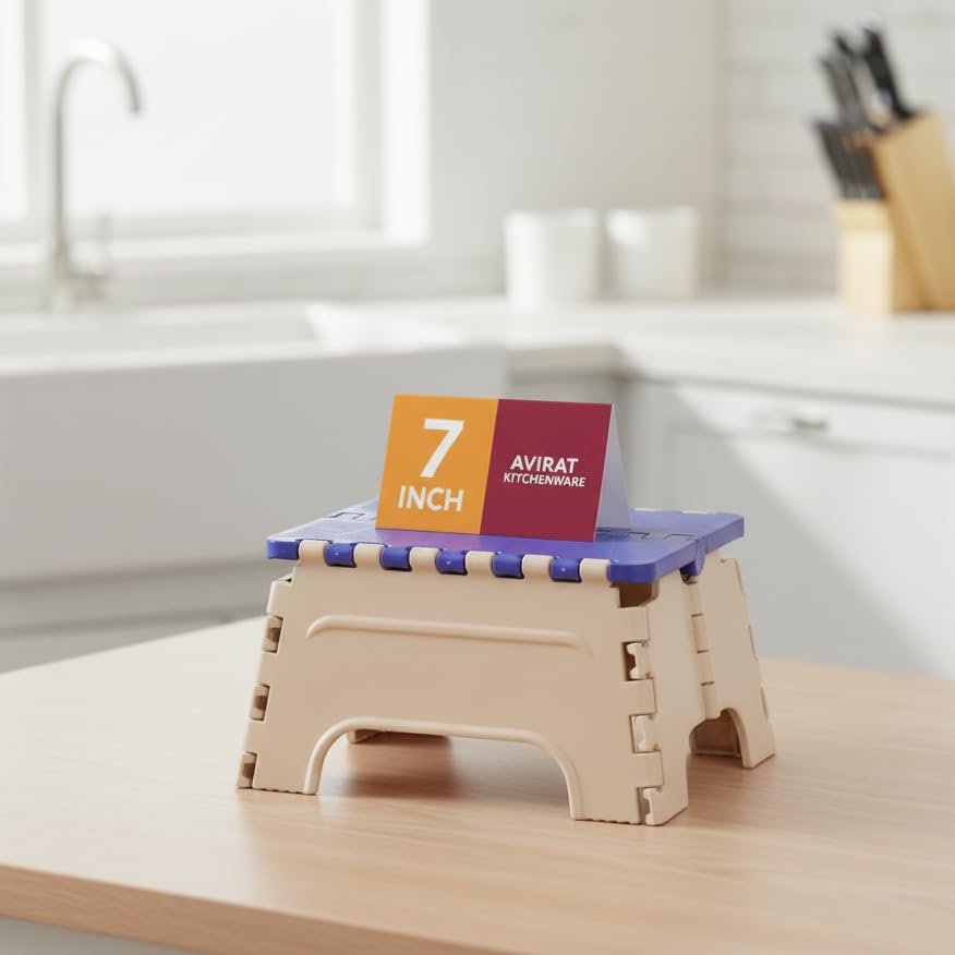 Image of U-MAX 7-Inch Folding Stool - Compact, Portable Step Stool for Kids & Adults, Lightweight Plastic Design, Slip-Resistant, Ideal for Kitchen, Bathroom, Camping & Travel (Blue&Ivory)