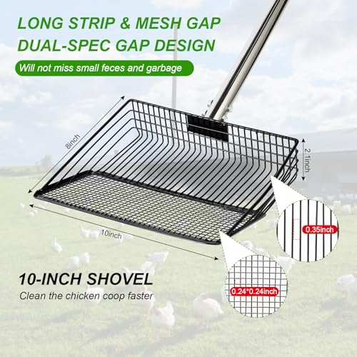Image of 10inch Large Metal Chicken Poop Scooper, 36 inch to 75 inch Long Chicken Coop Litter Scoop with Stainless Steel Adjustable Handle, 4 in 1 Detachable Litter Sifting Shovel Scoop for Chicken Coop Accessories