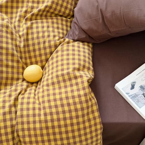 Image of Plaid Duvet Cover Twin Size Yellow Brown Gingham Bedding Set Farmhouse Buffalo Grid Checkered Duvet Cover Set Soft Lightweight Microfiber Quilt Cover with Zipper Closure and 1 Pillowcase