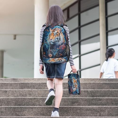 Sac à dos étudiant tigre aquarelle durable et sac repas étanche