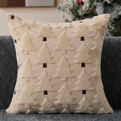 Image of Allorry Christmas Pillow Covers 18x18 inch Set of 2 Christmas Decorations Soft Plush Faux Fur Wool Beige Christmas Tree Throw Pillow Cases Winter Holiday Decor for Sofa Living Room PT-012R18