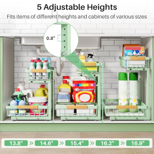 Image of Kitstorack Under Sink Organizer, 2 Tier Under the Sink Storage, Slide out Pull out Cabinet Organizer Shelf, Metal Sliding Drawer for Kitchen Bathroom Pantry Closet Organization Rack, Green, 2 Pack