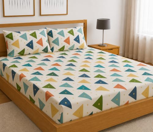 Image of Fitted Bedsheet Multicolor Triangle Print Glace Cotton 210 TC | King Size for Double Bed Fits 6 x 6.5 ft Mattress (72 x 78 Inch) | All Around Elastic | 2 Pillow Covers | 10 Inch Deep Pocket