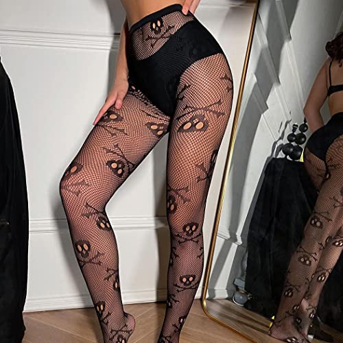 Image of CanB Skull Fishnet Stockings Sexy High Waist Tights Halloween Pumpkin Thigh High Pantyhose for Women