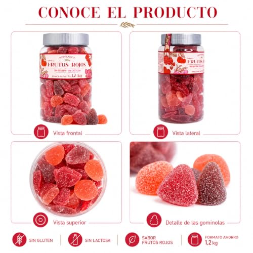Miniatura 7 de Gominolas Frutos Rojos 1,2 kg Bote Grande. Surtido de Caramelos de Goma Fresa Uva Cereza, Chuches Blandas Sin Gluten y Sin Lactosa, Ideal para Fiestas Cumpleaños Candy Bar.
