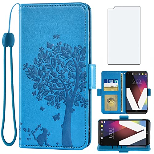 Asuwish Compatible with LG V20 Wallet Case and Tempered Glass Screen Protector Flip Purse Accessories Wrist Strap Credit Card Holder Stand Rugged Cell Phone Cover for LGV20 LG20 V 20 Women Men Blue