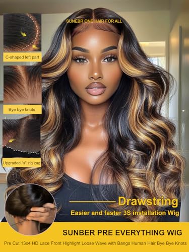 Image of Sunber Highlights Blonde Pre Cut 7x5 Lace Bye Bye Knots Loose Wave Wigs 24 inch | Human Hair Glueless Wigs 150% Density Pre Plucked Pre Bleached Knots