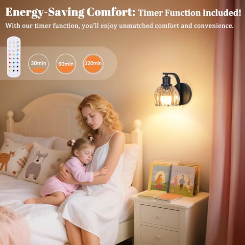 Image of Vintage Rechargeable Battery Operated Wall Sconce Set of Two with Remote | Black Cordless Wall Light with Amber Tulip Glass Lampshade, 15 Colors Dimmable Wireless Wall Lamp for Bedside Hallway Bedroom