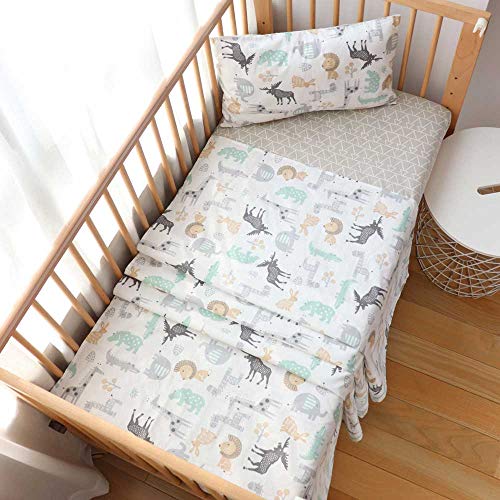 Image of 3 Pcs 100% Cotton Toddler Sheet Pillowcase Set for Boys and Girls,Include Fitted Sheet,Top Sheet and Envelope Pillowcase,Cute Cartoon Pattern,Soft Skin-Friendly Breathable (Animals)