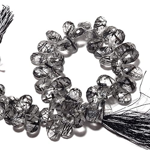 LKBEADS Black Rutilated Quartz Pear Beads, AAA Rutile Quartz Faceted Briolette Beads, Huge 9x14mm To 7x10mm Each, 4 Inch