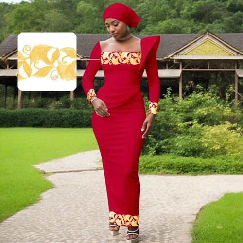 Image of African Dresses for Women High Waist Embroidery Elegant Traditional Midi Dress with Headscarf