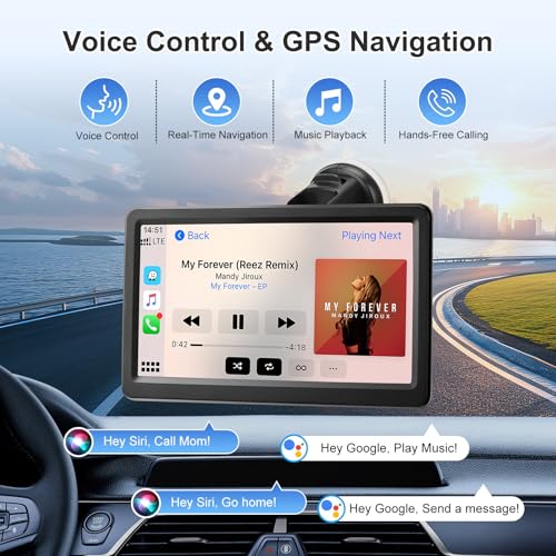 Carplay Screen for Car, 7" Wireless Carplay & Android Auto, Portable HD Touchscreen with Mirror Link, GPS Navigation, Voice Control, Hands-Free Calling, Bluetooth/AUX/FM, Plug & Play Car Play Screen - view 3