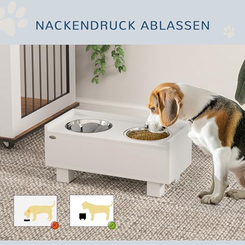 PawHut Hundenapf erhöht, Höhenverstellbar Futternapf für Hunde mit Stauraum, 2 x 1L Edelstahl-Schüsseln, Fressnapf mit Anti-Schling-Matte, für mittelgroße Hunde, Weiß
