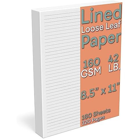 Lined Loose Leaf Paper, 160 GSM Thickness, 160 Sheets/320 Pages, Letter Size (8.5 x 11 inch), 7 mm College-Ruled Spacing, Note-Taking, Calligraphy, Binder Filling, Journaling, White, Unpunched Refill Cover