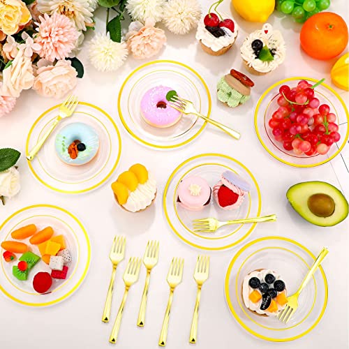 Gandeer Pieces Plastic Dessert Plate Sets 150 Fork And 150 Small Clear Cake Plate Rim Disposable Plate Round Plastic Dessert Party Plate 6 Inch Fancy Salad Plate Appetizer Plate For Wedding (Gold) #TOP4