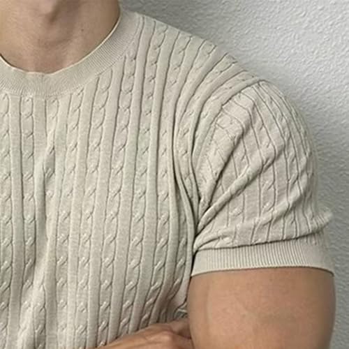 Men's Plain Round Neck Cable Knit Tops, Men's Round Neck Solid Color Cable Short Sleeve Knit Top, Knit Sweater4