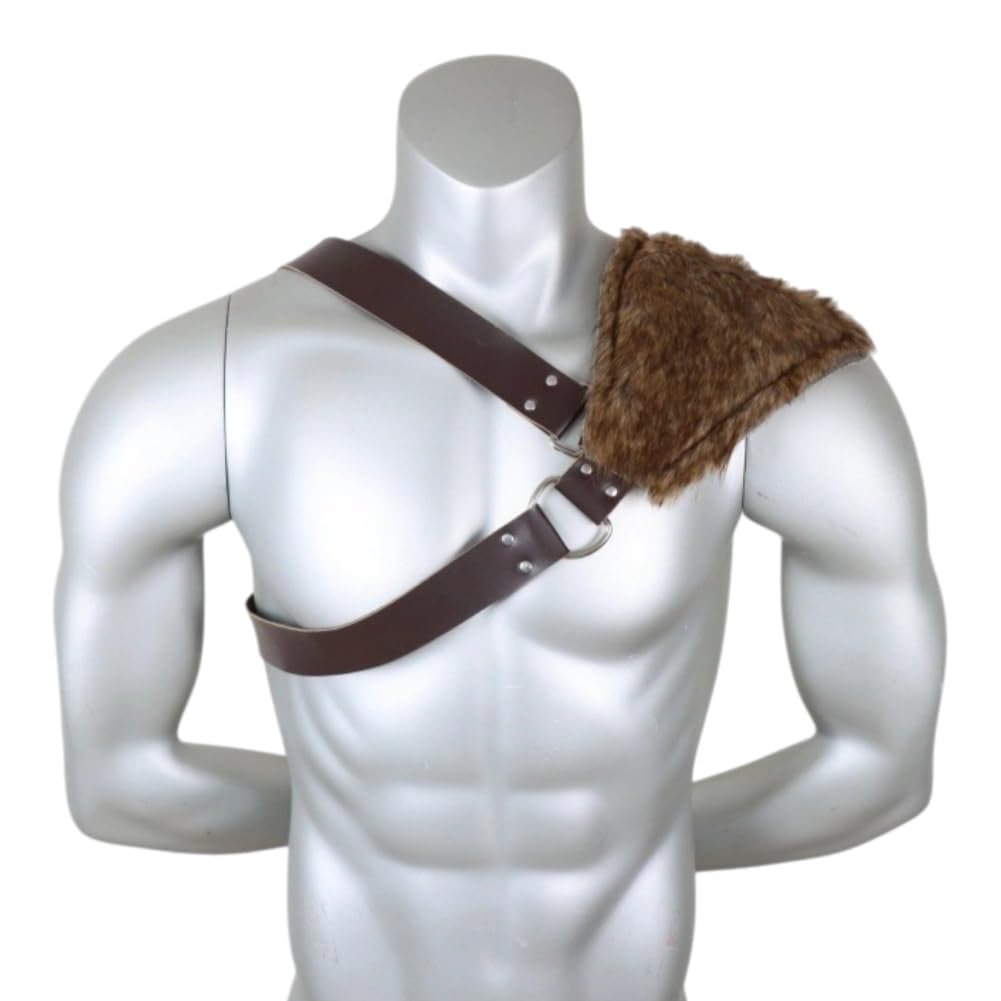Medieval Faux Fur Viking Shoulder Armor Adjustable PU Leather Fluffy Faux Fur Single Shoulder Guard Steampunk Knight Warrior Fancy Dress Costume Accessories for LARP Halloween Cosplay Party Festival