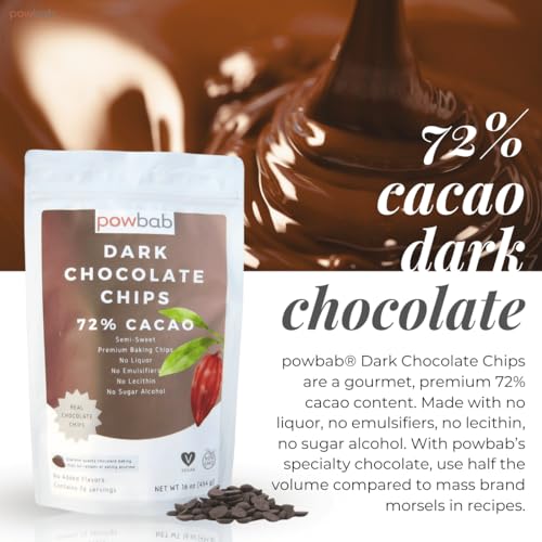 powbab Dark Chocolate Chips - 72% Cacao Organic Semi Sweet Chocolate Chips for Baking. Mini Dark Chocolate Chips for Baking and Snacks. No Liquor, No Lecithin, No Sugar Alcohol, Non-GMO (16 oz)