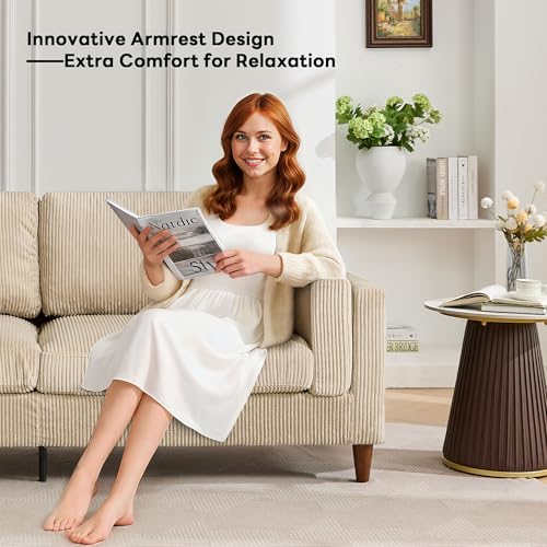 Tbfit 85" Corduroy Couch for Living Room, 3 Seater Mid Century Modern Sofa with Spring Cusions & Extra Deep Seat for Bedroom, Small Comfy Upholstered Couches Easy Assembly with Solid Wood Legs, Beige - Image 5