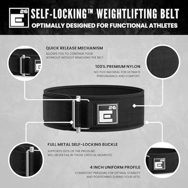 Element 26 Self-Locking Weight Lifting Belt - Premium Weightlifting Belt for Serious Functional Fitness and Olympic Lifting Athletes - Lifting Support for Men and Women - Deadlift Training Belt