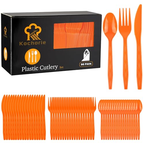 Kochorie 90 Pieces Thanksgiving Plastic Cutlery Set Disposable Orange Plastic Utensils Heavy Duty Flatware Set Includes 30 Knives 30 Forks 30 Spoons for Thanksgiving Party Wedding Birthday