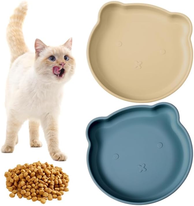 2 Pack Cat Bowls, Non Slip Silicone Cat Food Dish Feeding Drinking Bowl Shallow Pet Bowl for Dry Food and Wet Food Feeders Station for Puppy Small Dog Kitten Food Bowl(Blue&Beige)
