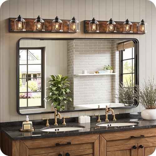 Image of 4-Light Bathroom Fixture, 31.5 inch Large Farmhouse Vanity Light, E26 Base (Bulbs Not Included), Thickened Glass Shade, for Bathroom, Bedroom, Vanity, Hallway, Rustic Brown and Black F18BD05