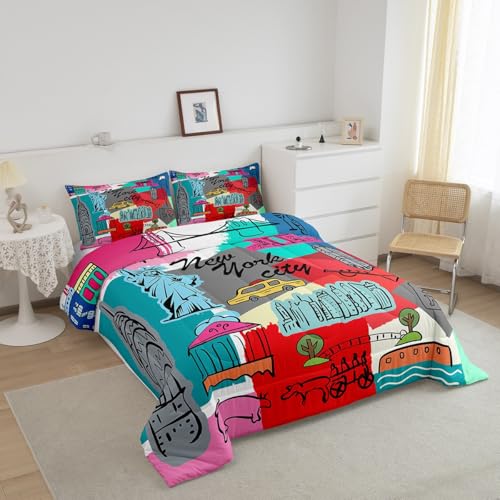 Statue of Liberty Comforter Set New York Cityscape Bedding Set for Kids Children Teens Famous City Scene Comforter Historical Scenery Duvet Set Full Size with 2 Pillow Case