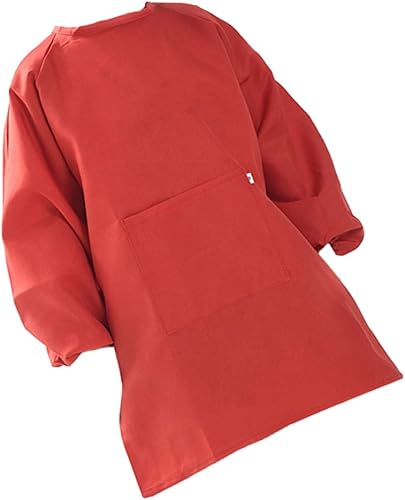 Long Sleeve Painting Smock Apron Coat Cover with Adjustable Closure Red Protective Clothes for Watercolor Stain Prevention and Easy Cleaning
