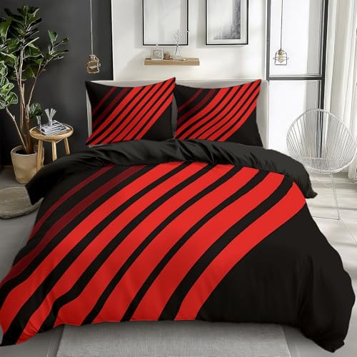 Black Bedding Sets Modern Geometric Red Print Duvet Cover Set, Comforter Cover Full Size Soft Breathable Reversible 3-Piece Bedding for Kids Teens