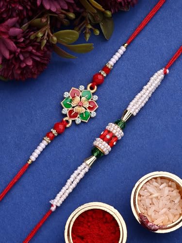 Image of Sukkhi Rakhi Trendy Floral Design Gold Plated AD Stones & Pearls Combo Rakhi for Brother with Roli Chawal & Greeting Card| Set of 2