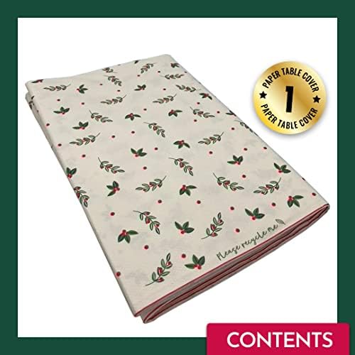 Kissymix Christmas Red Berry Table Cover - 180cm White Recyclable Tablecloth with Xmas Leaves & Berries for Christmas Day, Parties, Birthdays & Weddings