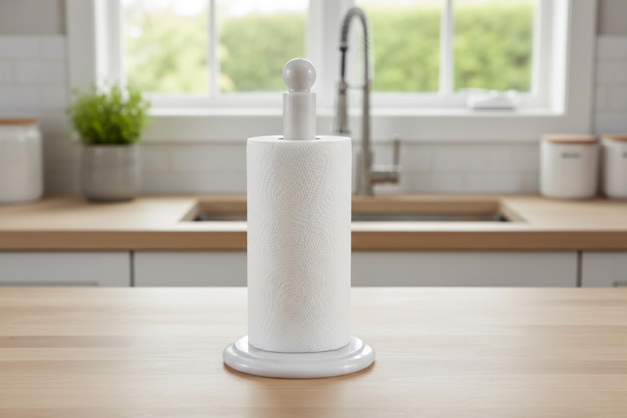 Paper Towel Holder Stand with Marble Base, Countertop Kitchen Roll Dispenser, Modern Design, Paper Roll Holder (White)