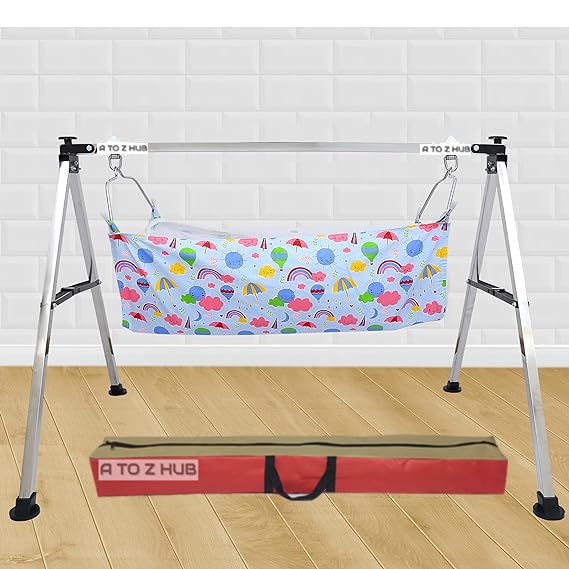 A to Z Hub Baby Swing jhula: Portable Folding Jhula/Ghodiyu/with Free Cotton Cloth- Create a Soothing Oasis for Your Precious Little One (Square Pipe Black)