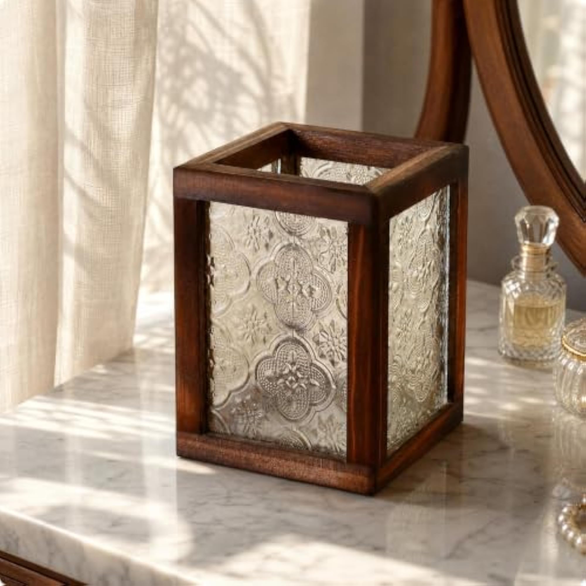 Rectangular Glass Side Storage Container with Wood Frame